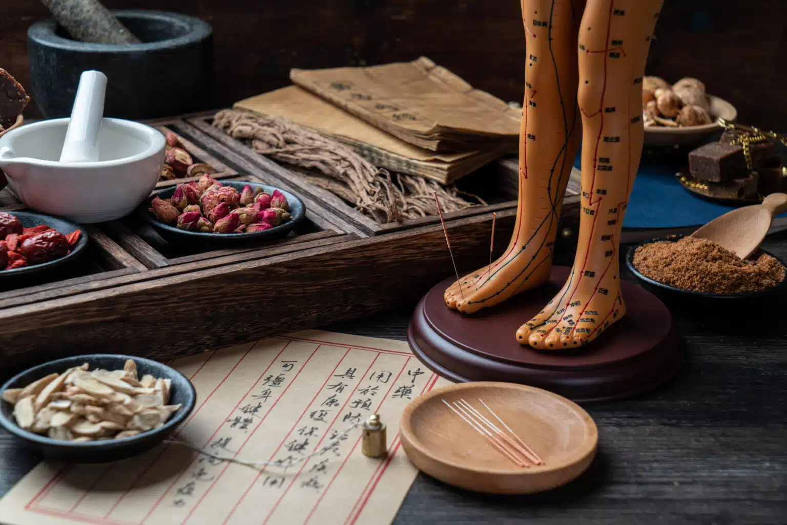 Acupuncture and Chinese medicine tools arranged on a natural surface