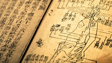 Antique Chinese medical text with a hand-drawn chart of acupuncture meridians on the body